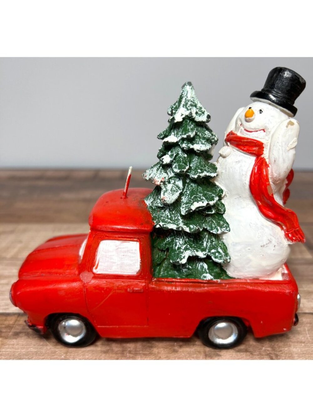 Vintage Red Truck Candle With Snowman & Christmas Tree